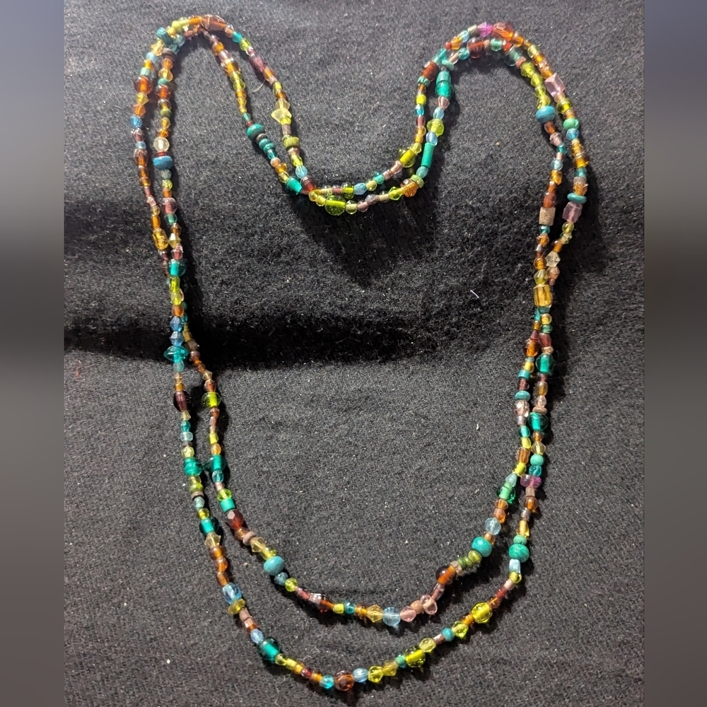 Blue Green Brown Beaded Long Statement Necklace